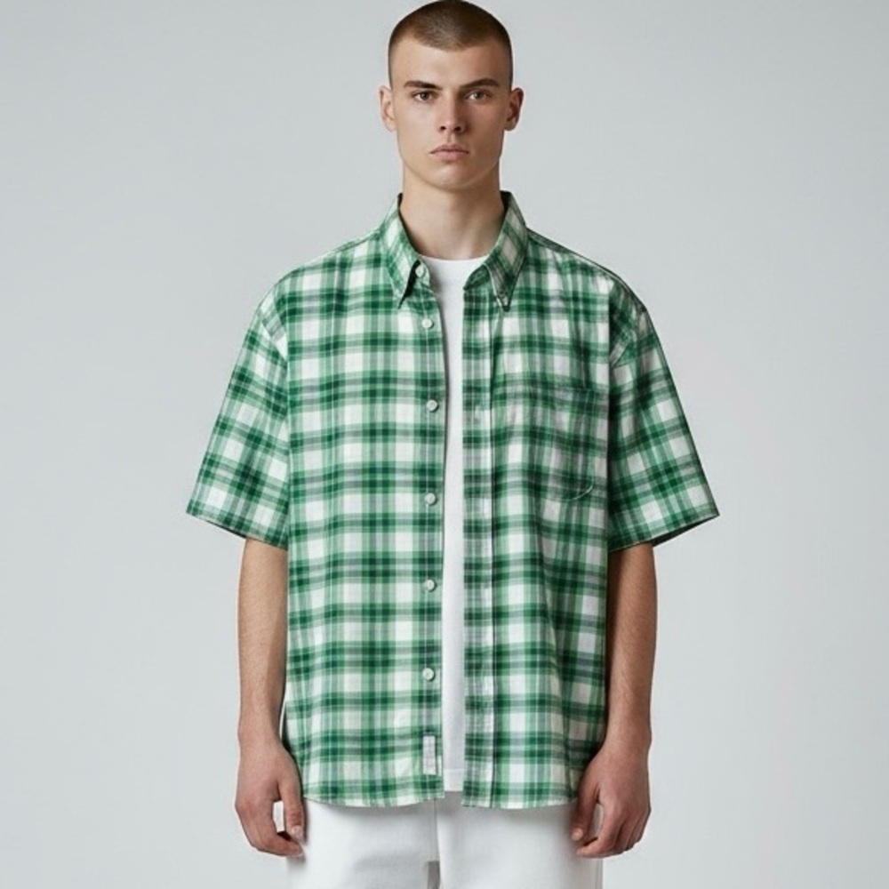 🌻PATAGONIA Green White Organic Cotton Check Button-Up Short Sleeve Shirt XL